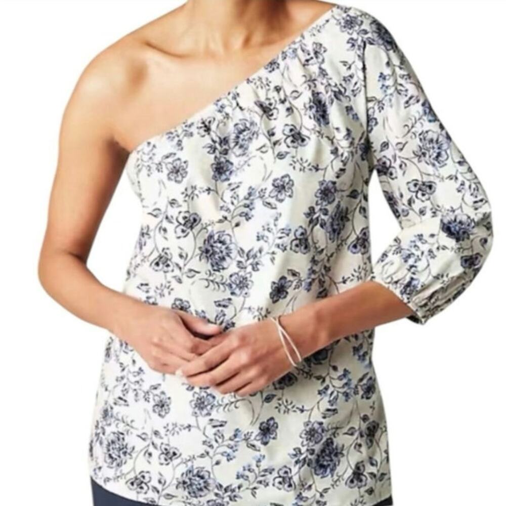 NWT J. Jill Floral Cotton Blend One Shoulder Puff Sleeve Top Boho Summer